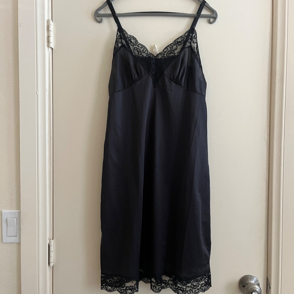 Vintage Babydoll Nylon Tricot Lace Slip Dress 36 Black USA Coquette Lingerie 90s